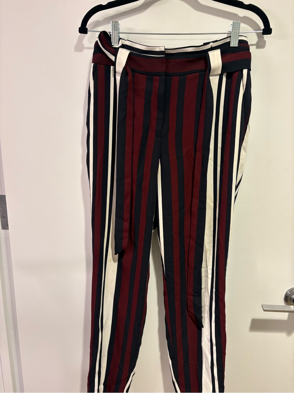 Express Women’s  Burgundy, Black & Cream Vertical Stripe Pants with Waist Tie